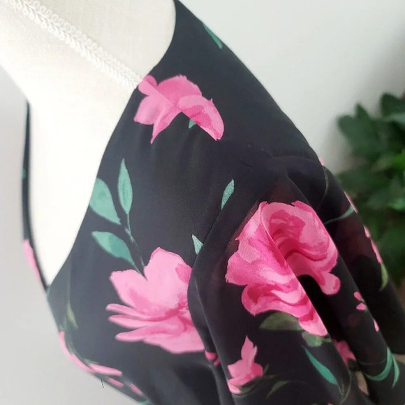 INC International Concepts Pink Black Floral Faux Wrap Midi Flutter Dress 10 M - Picture 12 of 16